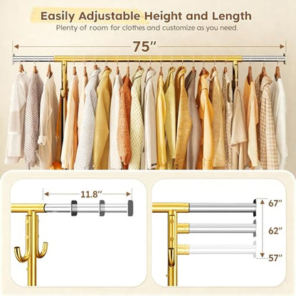 Raybee 75" W Heavy Duty Clothes Rack Load 450 LBS, Metal Garment Storage with Shelf, Lockable Wheels & Anti-Slip Stoppers, Rolling Clothing Rack for Bedroom Laundry Room, Gold - color: Gold, style: Rod Shelf
