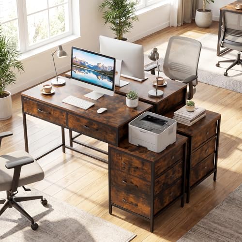 Tangkula Reversible Computer Desk, Industrial Style Writing Study Table | 51” Home Office Desk with Drawers & Printer Stand, Laptop PC Workstation for Bedroom Small Spaces - color: Rustic Brown