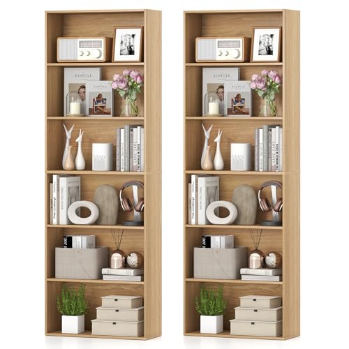 Giantex 6-Tier Bookcase Set of 2, 70" Tall Wooden Bookshelf, Freestanding Storage Organizer w/Open Shelves, Anti-Tipping Kits, Modern Floor Standing Display Shelves for Living Room,Natural - color: Natural, size: 23.5" x 9.5" x 70" (2 Pack)