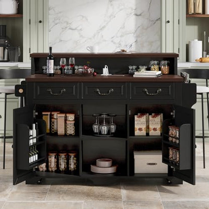 Merax 53.2" Two-Tier Kitchen Island with Storage, Farmhouse Kitchen Island with Power Outlet, 4 Door Shelves, Adjustable Shelves, 3 Drawers, Rolling Island Table, Bar Cabinet for Kitchen, Ash Black - color: Ash Black