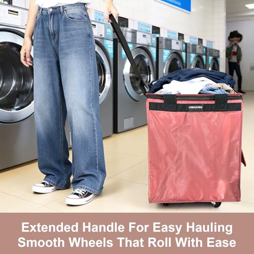 Reusable Grocery Bag Tote Bag with Wheels, Foldable Rolling Tote Bag with 3 Handles and Zipper - color: Pink, size: Medium