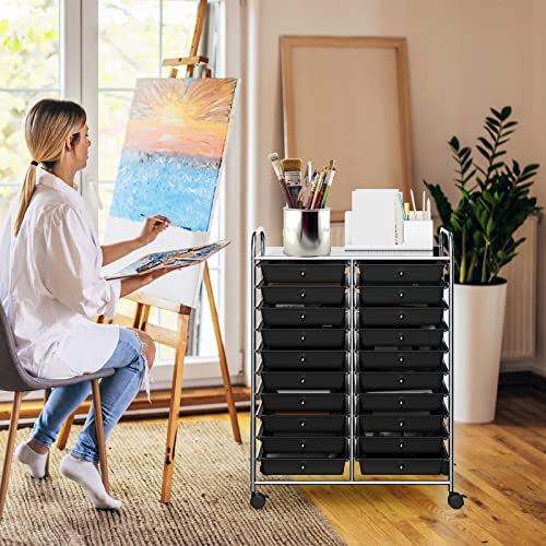 20-Drawer Rolling Storage Cart, Art Cart Organizer on Wheels, Metal Frame and Removable Drawers, Multipurpose Mobile Utility Cart for Classroom, Office, School, Home (Black)
