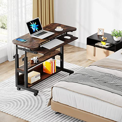 Tribesigns Portable Desk with Power Outlets, Height Adjustable Side Table Sofa Couch Bedside Laptop Computer Cart with USB Charging Ports, Mobile Small Standing Desk with Keyboard Tray - color: Brown