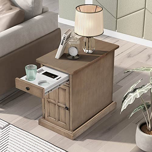 Multifunctional Classic Vintage End Table with USB Ports and 1 Drawer with Cup Holders, Sofa Side Table Bedside Nightstand Narrow Table for Living Room Bedroom (Antique Brown) - color: Antique Brown