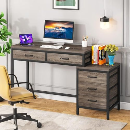 Tribesigns Computer Desk with 5 Drawers, Home Office Desks with Reversible Drawer Cabinet Printer Stand, Industrial PC Desk with Storage, Grey Study Writing Table Workstation for Small Spaces - color: Grey