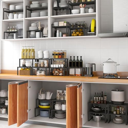 Stackable Cabinet Shelf Organizer Counter Storage Spice Rack Metal Space Saving for Kitchen Pantry Cupboard Countertop Bathroom Bedroom Under Sink Office, Black - Large - size: Large, Pack 1