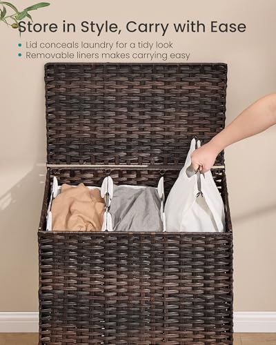 SONGMICS 3-Section Laundry Hamper with Lid, 42.2 Gal (160L) PE Rattan Laundry Basket with Removable Washable Liners, for Bedroom & Living Room, Chestnut Brown ULCB223ME01 - color: Chestnut Brown, size: 160 L (3 Basket)
