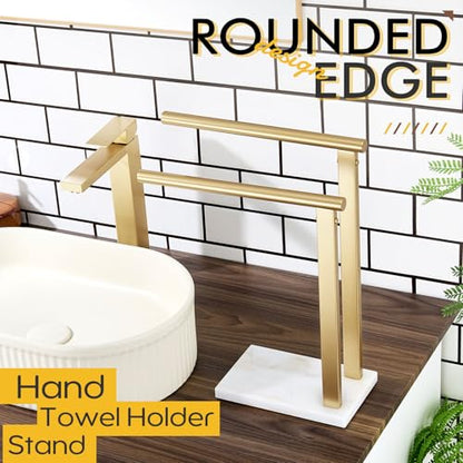 KOKOSIRI Hand Towel Rack Standing Towel Rails 2-Tier with Marble Base for Bathroom Vanity Countertop, Brushed Gold Stainless Steel 15.7'' Height THS0007-BG - color: Brushed Gold, size: 2-Bar
