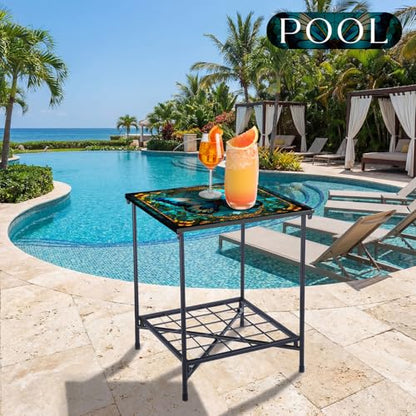Cinnvoice Outdoor Side Table 2-Tier Storage Square Small Mosaic Patio Accent Indoor End Plant Coffee Tea Table for Yard Patio Porch Garden Living Room, Bedroom(Butterfly Style) - style: Butterfly Style