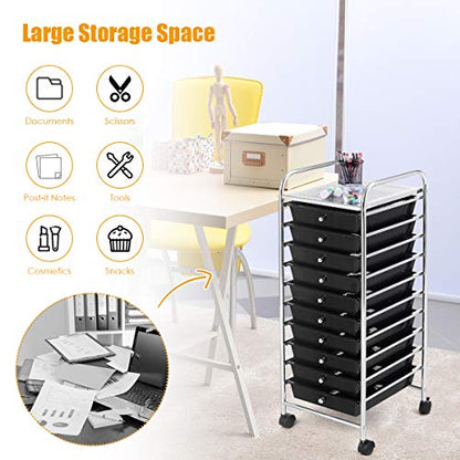 BETTARY Office Rolling Storage Cart with 10 Drawer, Scrapbook Paper Office School Organizer with Lockable Casters, Multipurpose Mobile Storage Cart for Supermarket, School, Office, Home (Black)