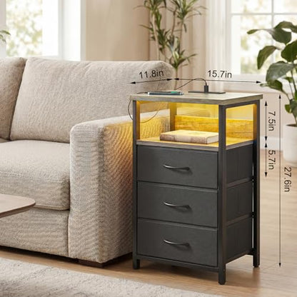 Fixwal Night Stand with Charging Station, LED Nightstand with Fabric Drawers, End Table with PU Finish, Bed Side Table, French Oak - color: French Oak, size: 27.6"H (3 drawers), style: Power+Light (1pc)