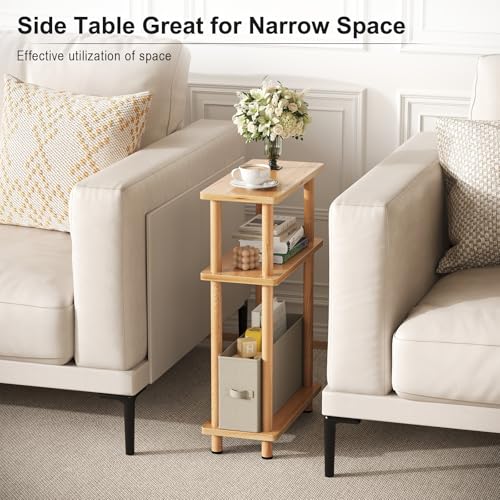 Apicizon Small Narrow Side Table, 3-Tier Skinny End Table for Small Spaces, Slim Nightstand with Fabric Basket, Bedside Table for Living Room, Bedroom, Natural - color: Natural, style: Narrow Side Table with Basket