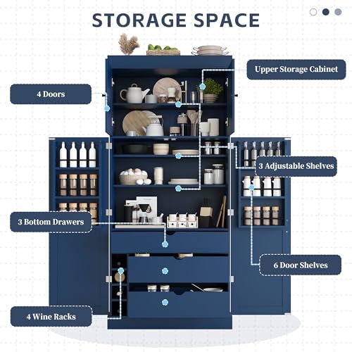 Polibi 77" Tall Freestanding Kitchen Pantry Cabinet, 35" L x 17.7" W Modern Shaker Style Storage Cupboard with Adjustable Shelves, Wine Racks, Drawers, Door Shelves, Blue - color: Blue