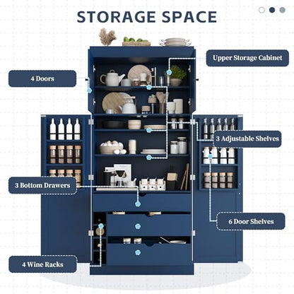 Polibi 77" Tall Freestanding Kitchen Pantry Cabinet, 35" L x 17.7" W Modern Shaker Style Storage Cupboard with Adjustable Shelves, Wine Racks, Drawers, Door Shelves, Blue - color: Blue