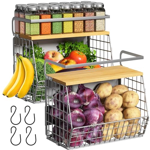 Ofiray-home Magnetic Fridge Shelf with Wood Lid, Fruit Potato Onion Storage Bins, Pantry Organizers, Large Container Spice Rack for Refrigerator, Kitchen Counter, Cabinet (2, Silver) - color: Silver-gray, size: 2-Regular