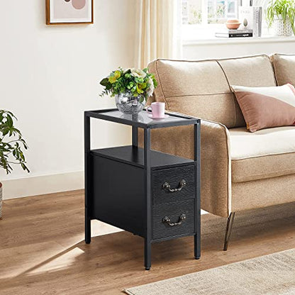 VECELO End Tables, 24" Height Narrow Nightstands, Modern Tall Night Stand with Drawers and Shelf for Living Room, Bedroom,Tempered Glass - color: Classic Black, size: Set of 2