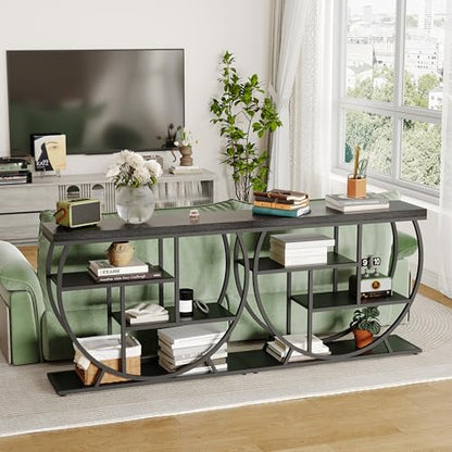 Garvee Entryway Table with Storage, Industrial 4-Tier Narrow Console Table Behind Couch with Half-Circle Base & Storage Shelves for Living Room, Hallway, Foyer - color: Black