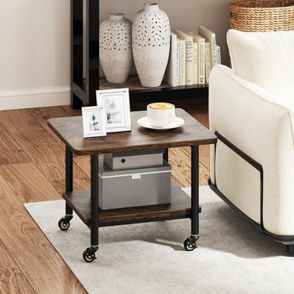 GOFLAME Under Desk Printer Stand, 2-Tier Industrial Mobile Printer Table with Storage Shelf, Metal Frame, Rolling Printer Cart Holder Storage Rack with Lockable Wheels for Home Office, Brown - color: Brown
