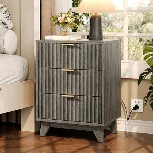 VINGLI Gray Nightstand with Charging Station, Fluted Nightstand 3 Drawers Grey Night Stand for Bedroom, Fluted Grey Bedside Table/End Table/Side Table, 17.72" W*13.78" D*23.62" H, 1 pc - color: Grey, size: 17.7"W-3 Drawer