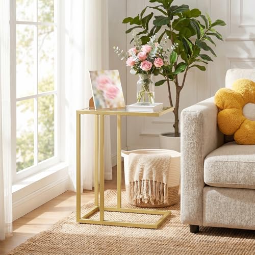 HOOBRO C Shaped End Table, Glass Side Table with Metal Frame, Gold Coffee Table for Small Space, Modern Style, for Living Room, Gold GD03SF01G1 - color: Gold