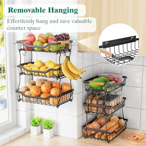 Giwil 3 Tier Countertop Fruit Basket for Kitchen, Vegetable Storage Bread Fruit Bowl Stand with 2 Banana Hooks, Wall Mounted Metal Wire Basket Organizer for Potato Onion, Black - size: 3 Tier Wire Basket Top