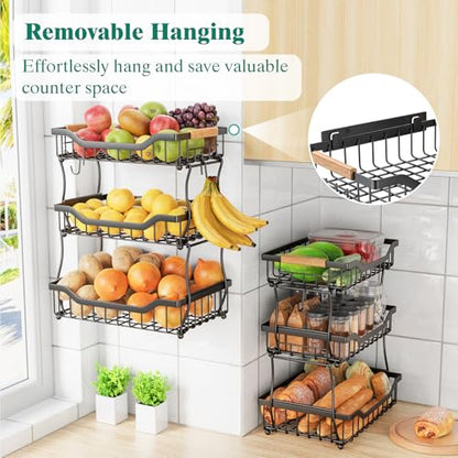 Giwil 3 Tier Countertop Fruit Basket for Kitchen, Vegetable Storage Bread Fruit Bowl Stand with 2 Banana Hooks, Wall Mounted Metal Wire Basket Organizer for Potato Onion, Black - size: 3 Tier Wire Basket Top