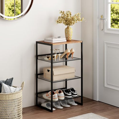 4 Tier Metal Shoe Rack, Sturdy Steel Frame with Rust-Proof Coating, MDF Top, Adjustable Flat Inclined Mesh Shelves, Anti-Tip Scratch-Resistant Feet, Sleek Show Rack for Entryway, Hallway, Garage - size: 4 Tier (16.5″x11.8″x27.8″)