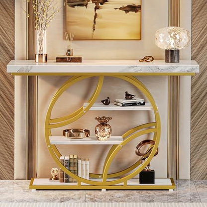 Huuger 47.2 Inch Entryway Table with Marble Top, Modern Console Sofa Table, Accent Table with Shelves, for Entry, Hallway, Entrance, Foyer, O-Shaped Metal Frame, White Marble & Gold - color: Marble Gold, size: 11.8"D x 47.2"W x 33.5"H
