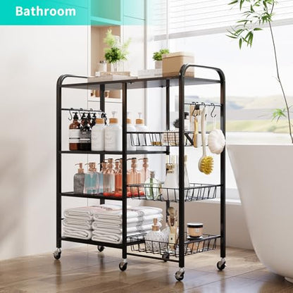 HapiRm Rolling Kitchen Microwave Cart - 4 Tier Microwave Table Stand with Pull-Out Baskets, Coffee Bar Baker's Rack with Wheels Rolling Storage Cart Organizer Shelf for Living Room Office, Balcony - color: Black