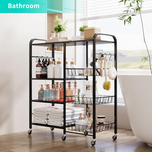 HapiRm Rolling Kitchen Microwave Cart - 4 Tier Microwave Table Stand with Pull-Out Baskets, Coffee Bar Baker's Rack with Wheels Rolling Storage Cart Organizer Shelf for Living Room Office, Balcony - color: Black
