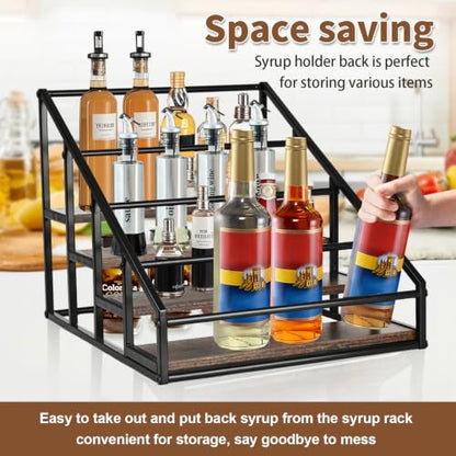 YQBRAO 2-Pack 4-Tier Coffee Syrup Organizer, 32-Bottle Total, Brown | Two racks hold up to 32 bottles total with stepped visibility for large coffee bars, kitchens, and beverage stations. - size: 4 Tier 16 Bottle Syrup Rack - 2 Pack