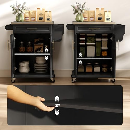 HOMCOM Kitchen Island on Wheels, Rolling Kitchen Cart with Stainless Steel Countertop, Drawer, Towel Rack and Spice Rack, Utility Storage Trolley, Black - color: Black