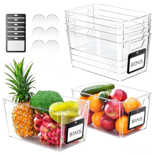 iCASA 6-Pack Clear Fridge Organizers and Storage Bins Container with Labels | Plastic Refrigerator Organizer Bin for Organizing, Home Organization Must Haves for Kitchen Under Sink Cabinet Pantry Shelf