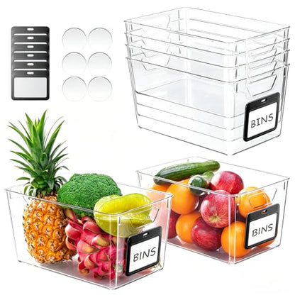 iCASA 6-Pack Clear Fridge Organizers and Storage Bins Container with Labels | Plastic Refrigerator Organizer Bin for Organizing, Home Organization Must Haves for Kitchen Under Sink Cabinet Pantry Shelf