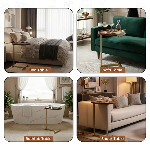 Kings Brand C-Shaped Side End Table, Sofa Table, Gold & Brown | Convenient C-Shaped Table – Slides Under Sofas, Chairs, Beds to Keep Coffee, Snacks, Laptops, Books, & Essentials w/in Reach - color: Brown
