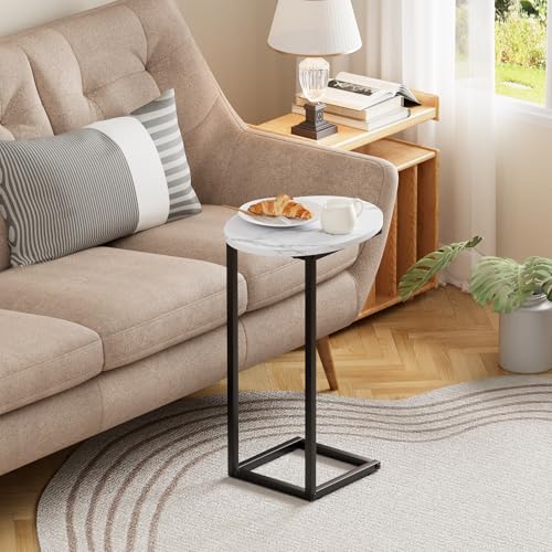 C Shaped End Side Table, Small Oval Couch Sofa Table for Bed, Snack Side Table with Metal Frame, TV Tray Table with White Marble for Small Space, Living Room, Bedroom, Bedside, Black - color: White Marble+black