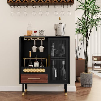 ARTPOWER Modern Coffee Bar Cabinet with Pull-Out Wine Storage, Black | Bar Cart with Wine Glass Rack and Drawers, Liquor Cabinet for Kitchen, Dining Room, Living Room - color: Black