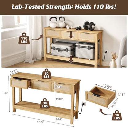 Luoxiao Entryway Table with Outlets & USB-C, 3 Drawers Rattan Console Table | Narrow Entry Table with Open Shelf, Anti-Tip, Easy Assembly, Boho Front Entrance Hallway Foyer Storage, 47 Inch, Natural Wood - color: Wood