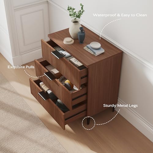 25.6" W Fluted Nightstand with 3 Drawer, Mid-Century Modern Night Stands | Bedside Table for Bedroom King/Queen Bed, End Table with Robot-friendly Legs for Living Room,Entry - color: 3 Drawers-1pcs-walnut