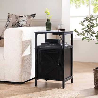 Yoobure Farmhouse NightStand with Charging Station，Wood Night Stand End with USB Ports, LED Bed Side Table with Storage Cabinet，Bedside Table for Bedroom, Living Room Black - color: Black