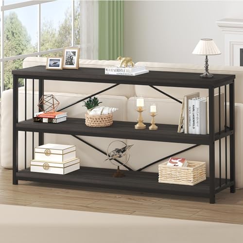 HSH 3 Tier Bookshelf, Wood Metal Low Horizontal Bookcase with Storage, Industrial 3 Tier Long Bookshelves Shelf for Bedroom, Modern Wooden Open Etagere Bookcase for Living Room, Dark Gray, 55 Inch - color: Dark Gray Oak, size: 55 Inch