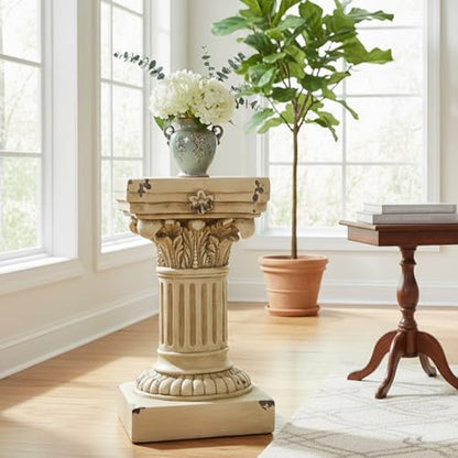 Christopher Knight Home 16.73" H Corinthian Pedestal Plant Stand, Decorative MGO Composite Side Table for Indoor Outdoor Entryway Garden Living Room Patio, Antique Yellow