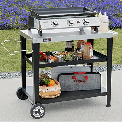 Royal Gourmet PC3404S Rolling Dining Table with Trash Bag Holder, Outdoor Garden Patio BBQ Kitchen Food Prep Table Cart, 34"L x 20"W Stainless Steel Tabletop, Silver & Black | 34"L x20"W Stainless Steel Tabletop | with Removable Trash Bag Holder | Outdoor