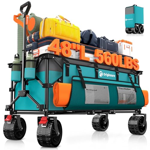 Originsure 300L Foldable Beach Wagon Cart with Big Wheels,560lbs,Turquoise | 48" Folding Utility Wagon,7" All-Terrain Wheels,Heavy Duty Frame,Compact&Space-Saving,for Camping,Sports,Grocery,Garden - color: Grey&turquoise