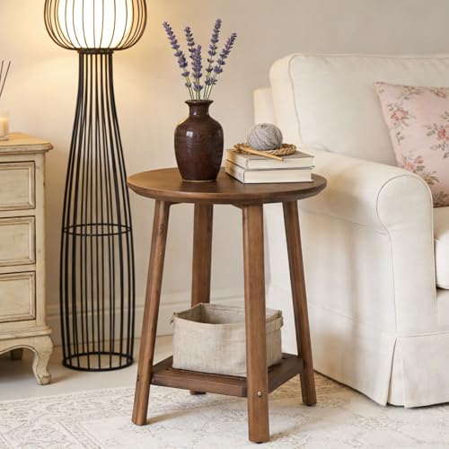 Solid Wood Side Table, 2-Tier Small Round End Table with Storage Shelf, Farmhouse Nightstand for Small Spaces, Living Room, Bedroom, Walnut