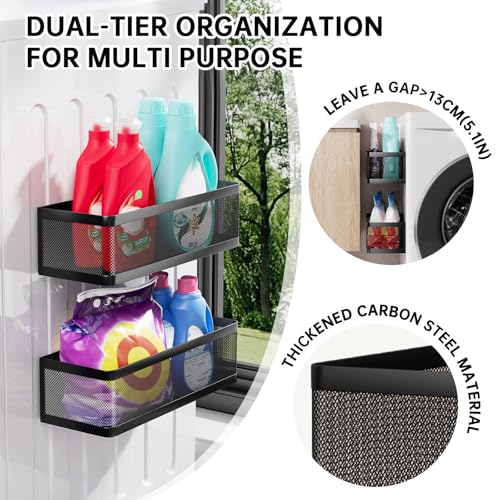 2-Pack Magnetic Shelves Laundry Room Organization | Strong Magnet Organizer,Tall Guardrails to Prevent Falling, For Washing Machine, Refrigerator, Kitchen & Pantry