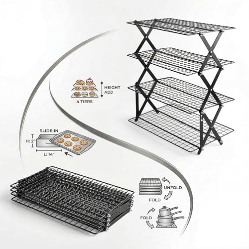 4-Tier Collapsible Cooling Rack for Baking | Adjustable Stackable Wire Rack for Cookies, Cakes & Roasting | Space-Saving Foldable Design for Small Kitchens & Camping (Black) - color: Black