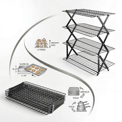 4-Tier Collapsible Cooling Rack for Baking | Adjustable Stackable Wire Rack for Cookies, Cakes & Roasting | Space-Saving Foldable Design for Small Kitchens & Camping (Black) - color: Black