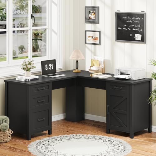 Halitaa 59” Farmhouse L Shaped Executive Desk with File Drawer, Black | Home Office Desk with Power Outlets, Storage Cabinet, Wood Corner Sturdy Writing Workstation - color: Black, size: Cabinet on the Right