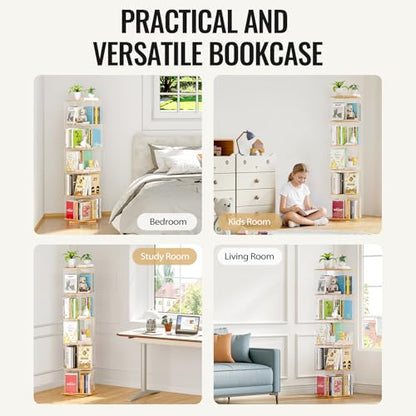 TAKEKIT 5-Tier Rotating Bookshelf, 360° Spinning Book Shelf Tower with Solid Wood & Clear Acrylic, Square Revolving Bookcase for Kids Room, Living Room, Bedroom and Office - color: Natural Square, size: 5-Tier
